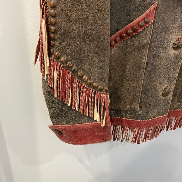 Double D Ranch Brown and Red Leather Jacket with Fringe - Picture 6 of 9